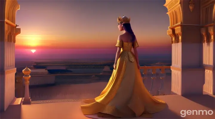 Princess Sophia stood on the balcony of her royal palace, gazing out at the distant desert where the sun was setting, casting shades of gold and purple over the horizon. Her heart was full of excitement as she prepared for an extraordinary journey. She had received an invitation from Allah Din,