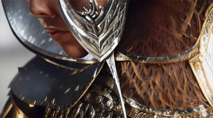 Beautiful woman in Gleaming knight's armor in battle, metalwork with silver and gold inlay, emphasizing texture and reflection
