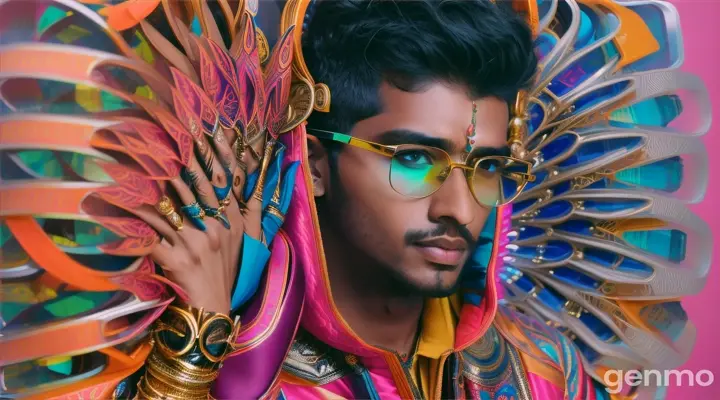 South Indian young man in his twenties with a fair skin tone, wearing a futuristic jacket, futuristic colorful eyewear made from abstract elements, future headgear. The shot is a mid-shot with graphic design elements, neon colors, different kinds of fabrics wrapped around him. The overall look is extremely colorful, photorealistic, modern in the style of Andrés Reisinger and Fendi. It features colorful patterns, 3D effects, futuristic and high-end fashion. The background is pure white, and the photography is bright, colorful, and real, with a portrait that is high in detail and ultra-high quality in 8k resolution.