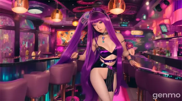 8k photo portrait of a stunning evil anime woman with purple hair, full body wearing a disco dress, looking at the camera, in a bustling night bar called NOX CLUB, light reflections, highly detailed, Studio Ghibli, Akira Toriyama, James Gilleard, Genshin Impact, trending Pixiv Fanbox, spatula acrylic, 4k, night vibrant colors.