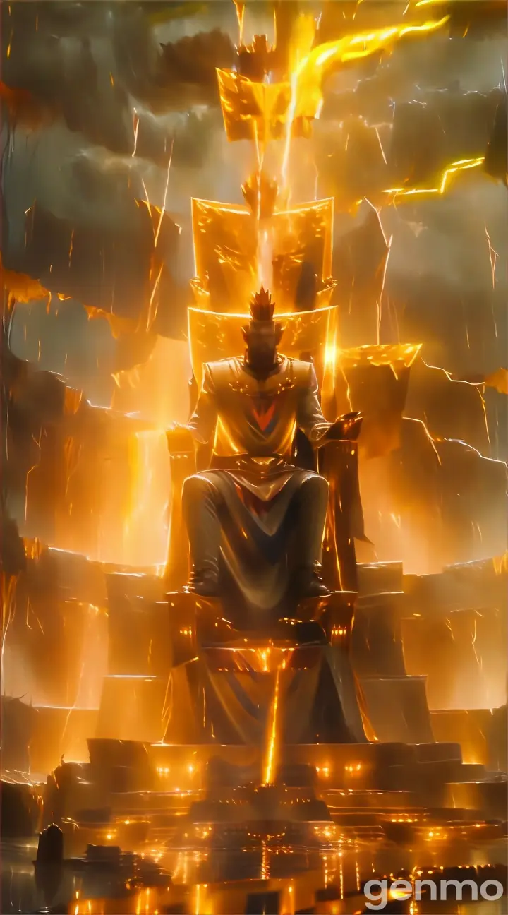 Man sitting on throne, Atmospheric phenomenon, Lightning, Beams of light, Sparks of fire, Very colorful lights, Sky