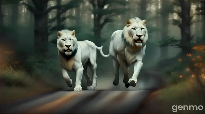 Two white lions sprint through a dense, dark forest filled with glowing fireflies