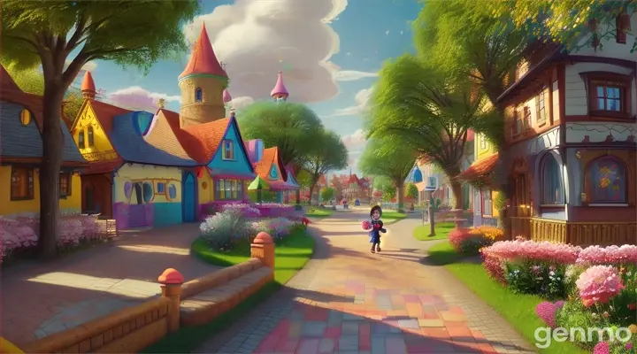 A  imaginary school town from fairy tales . The city buildings are made of writing instruments. Childish and fun style. In the middle there is a path where a little boy and girl are walking and smiling.  3D. Disney and Pixar style