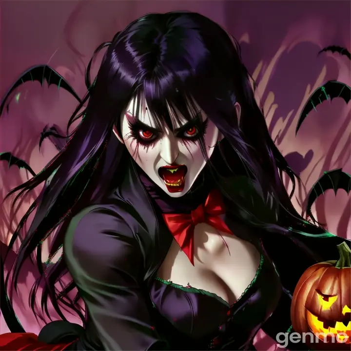 a woman dressed as a vampire holding a pumpkin