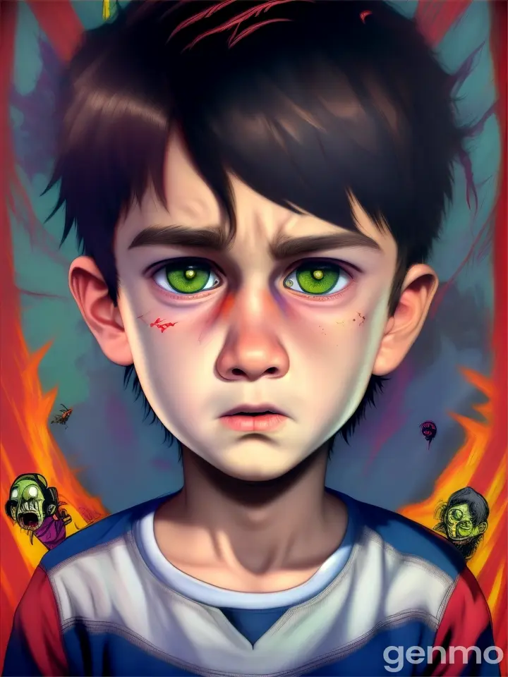 A close-up of the boy's face, startled and alert. His wide eyes show a mix of confusion and fear. A shadowy, dark space beneath the bed hints at something lurking below. Horror cartoon video 