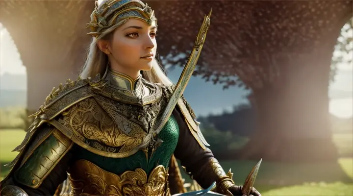 Beautiful woman in gleaming knight's armor, holding a sword and standing inside a garden with a dragon lounging off to the side.