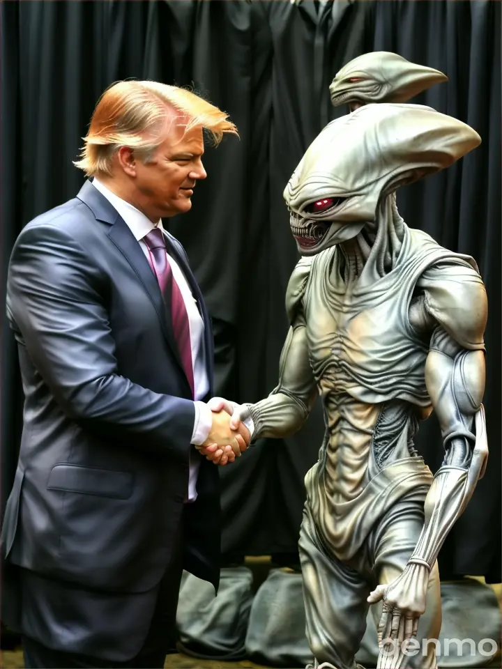 realistic a man in a suit shaking hands with an alien