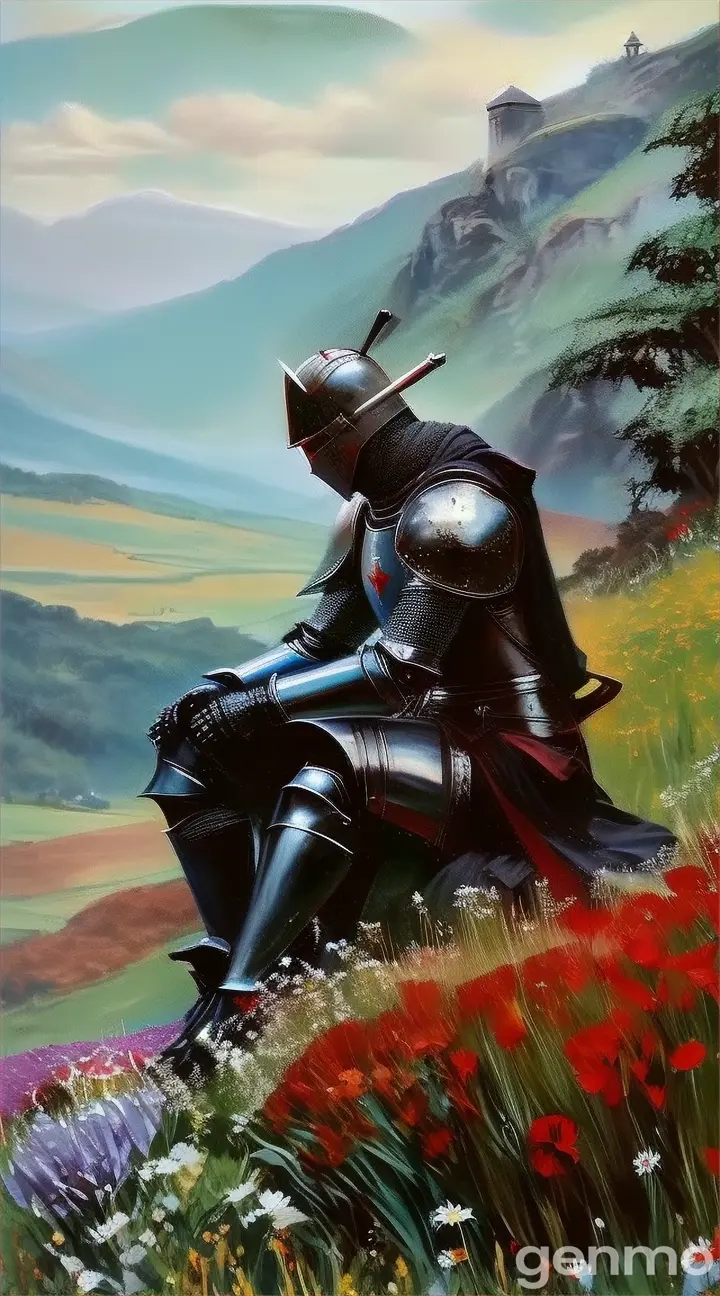 a painting of a knight sitting in a field of flowers