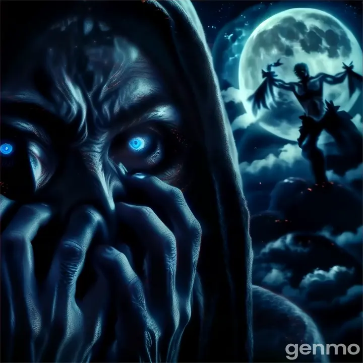 a man with blue eyes covers his face in front of a full moon