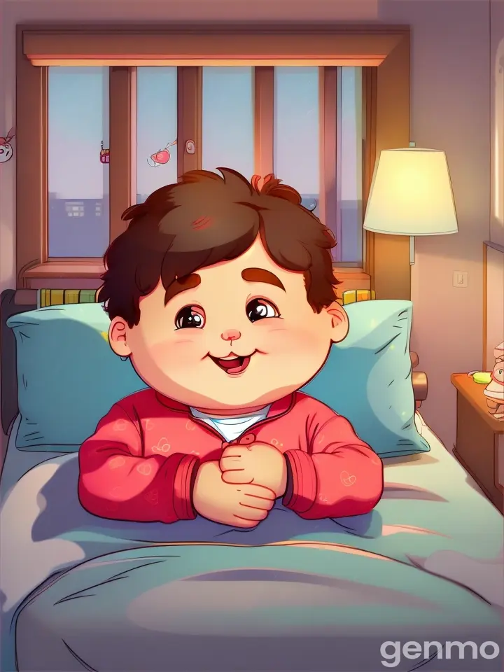 create cartoon style images, one small fat boy aged 10 years get up from his bed early in the morning
