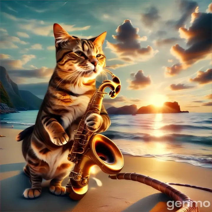 a cat playing a saxophone on the beach