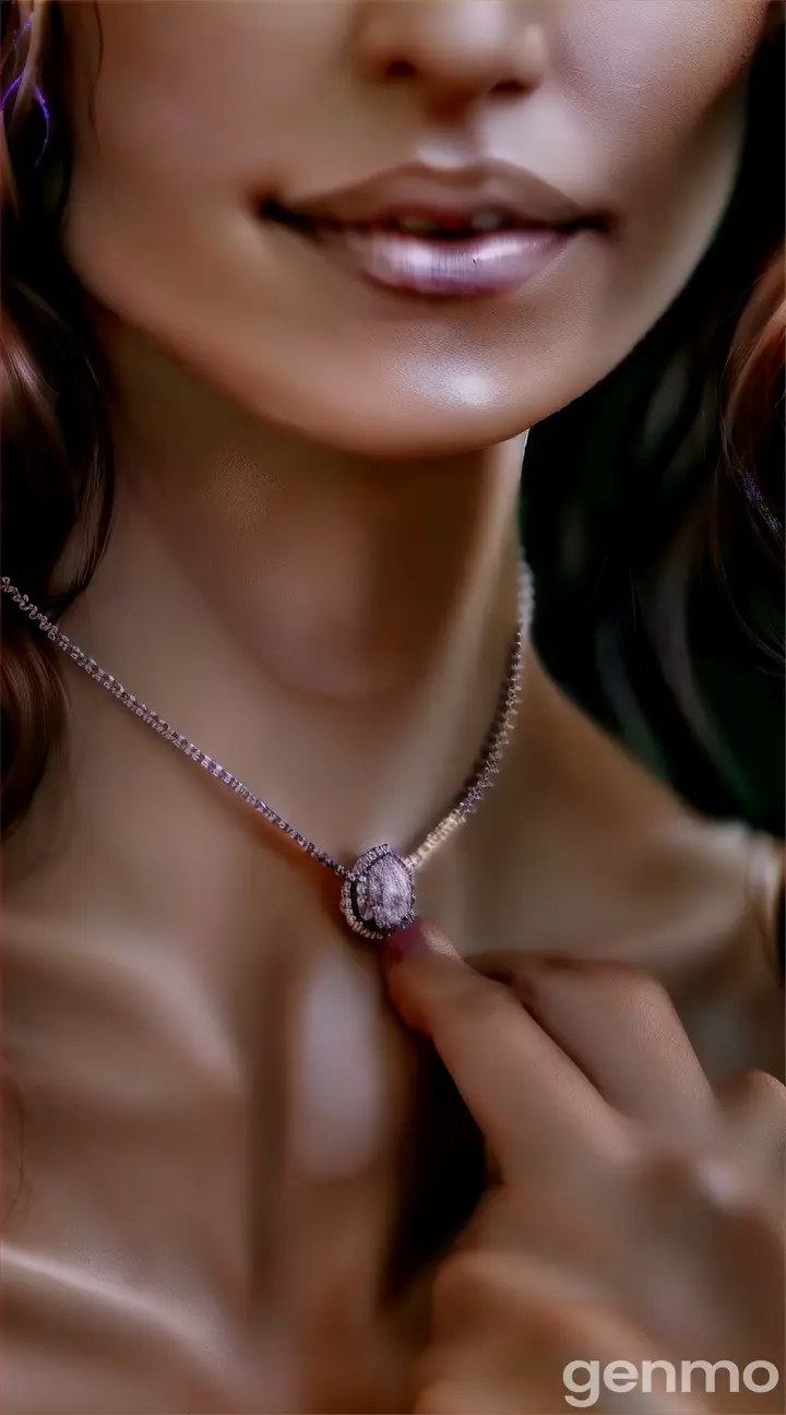 a woman wearing a white lustrous diamond pendant necklace