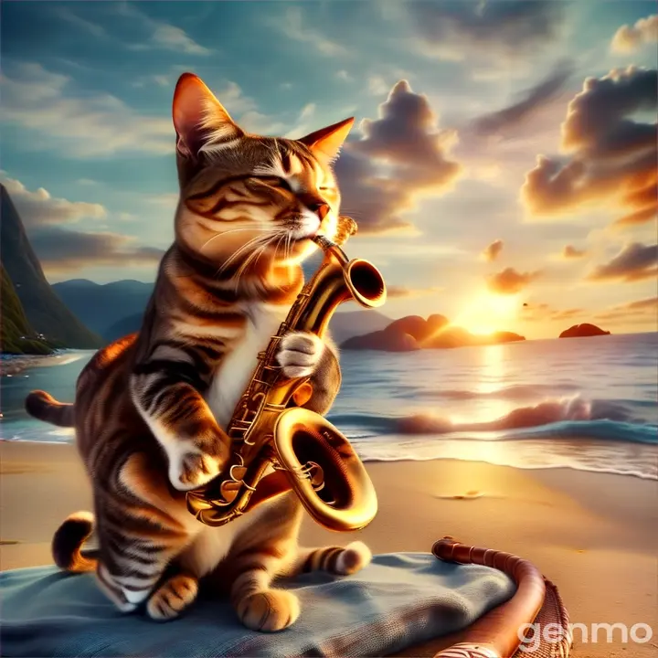 a cat playing the saxophone on the beach, the cat does not take the mouthpiece out of his mouth and paws from the keys, he plays swaying from overflowing feelings
