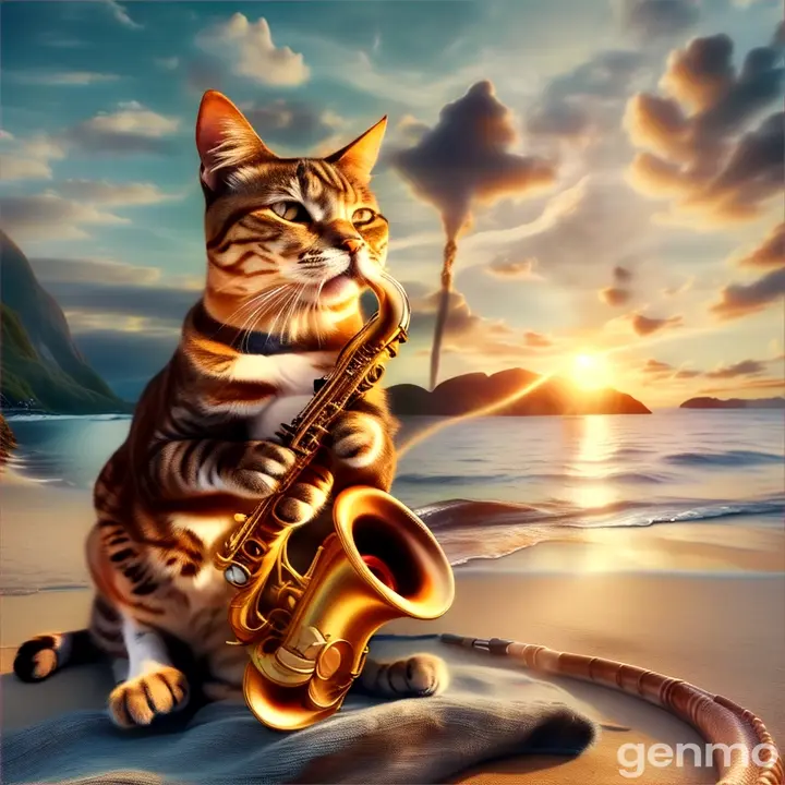 a cat playing the saxophone on the beach, the cat does not take the mouthpiece out of his mouth and paws from the keys, he plays swaying from overflowing feelings
