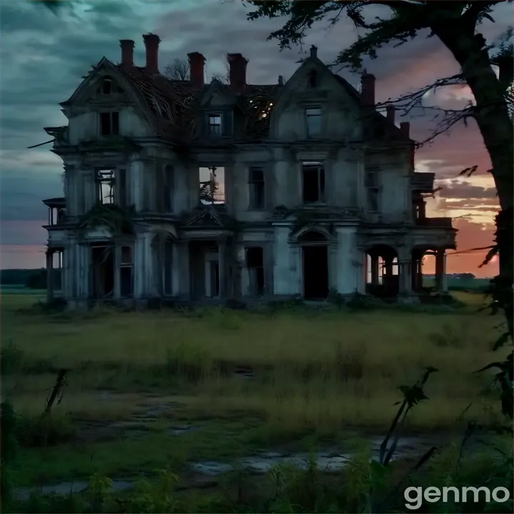 an old abandoned house in the middle of a field