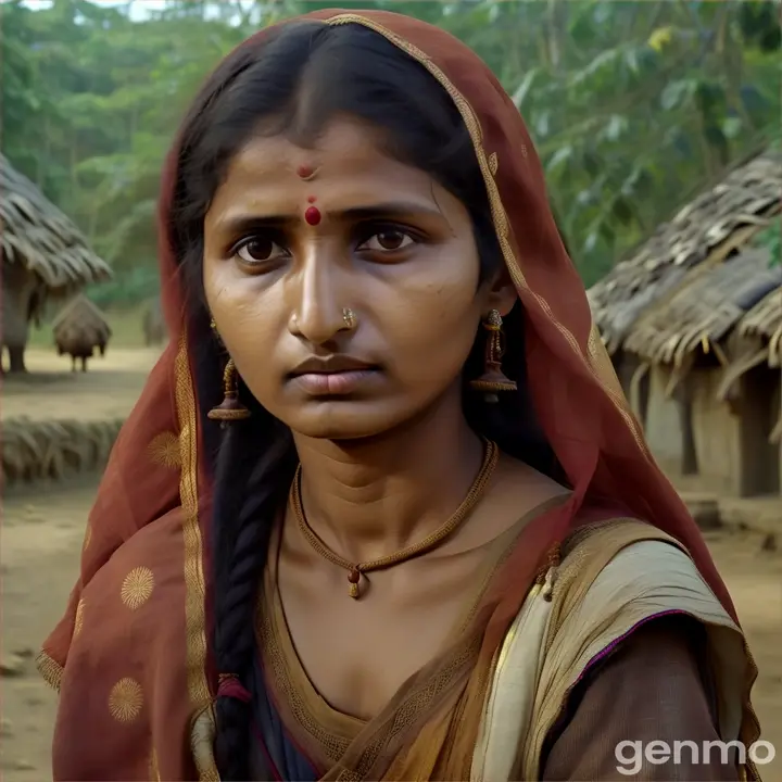 A flashback of Manjari as a young, ordinary woman in the village. She is dressed in simple, traditional clothing, with a gentle face full of life. However, there is a deep sadness in her eyes, hinting at the tragedy that turned her into a witch.