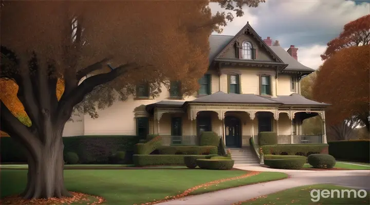 A grand, Victorian-style house with ivy-covered walls and aged, weathered shutters, set in a peaceful, tree-lined neighborhood.