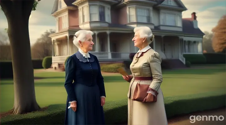 Two elderly, well-dressed women, Lavinia and Emily Skinner, standing near a grand Victorian house, with neighbors discreetly observing them from a distance.