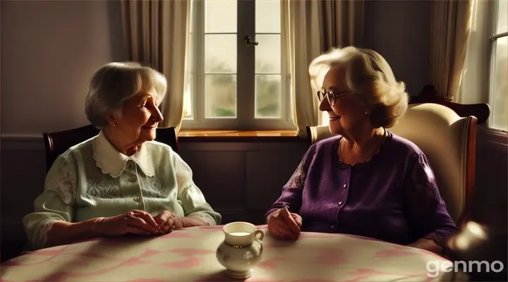 Two elderly women, one frail and the other more robust, sitting together in a dimly lit, vintage living room, surrounded by old-fashioned furniture and lace curtains. discreetly observing them from a distance.