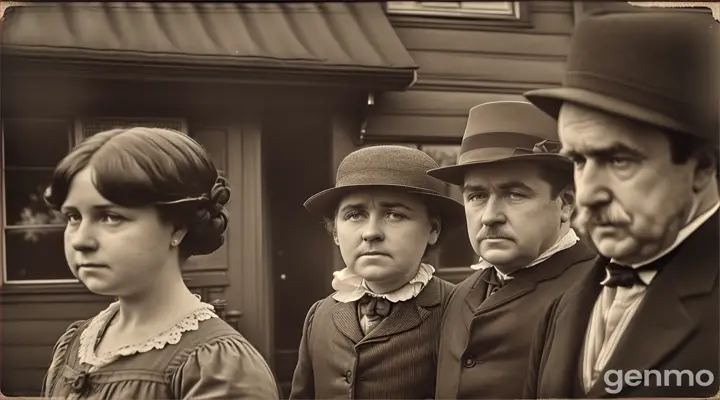 A group of townsfolk gathered in hushed conversation near the Victorian house, with curious, suspicious expressions as they glance toward the house.