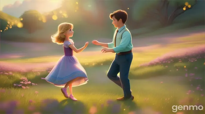 pixar maya disney style  boy and girl dancing wide screen vide frane.