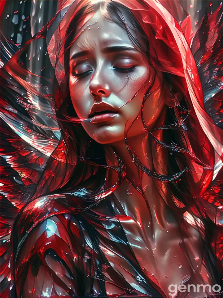 Painting of a lady with ethereal, transparent red wings standing in the cosmos with wide open eyes