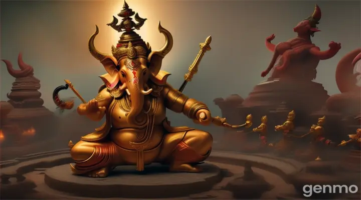 Battle Between Ganesha and Shiva’s Army

Visual: Ganesha fighting Shiva's Ganas (army of followers), showcasing his valor and loyalty to his mother. Display dynamic action, showing Ganesha easily overpowering the army