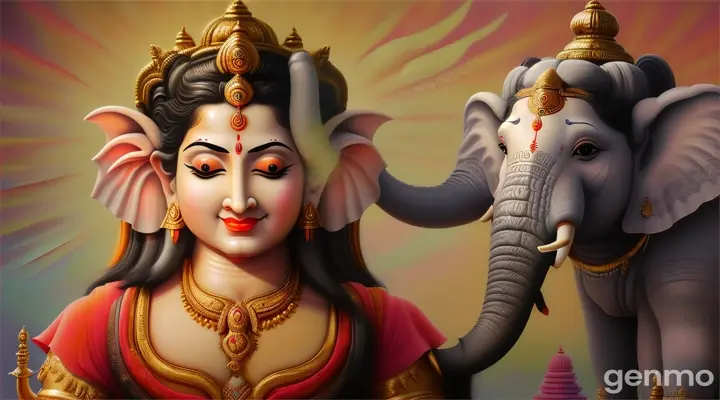 Ganesha Revived

Visual: Shiva attaching the elephant’s head to Ganesha’s body, bringing him back to life. Parvati’s joy as her son is revived, and Ganesha’s transformation into the elephant-headed god. Highlight divine light surrounding Ganesha as the gods bless him.