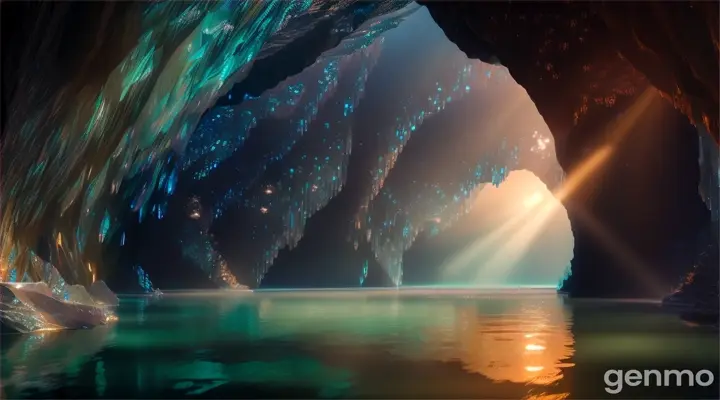   "A breathtaking underwater cave, its walls lined with glowing crystals that cast a soft, magical light throughout the space. In the center of the cave, a beautiful nymph with long, flowing hair and delicate, translucent wings sits on a rock, her wings folded gently around her. The nymph’s body glows softly, her light reflecting off the water and the cave walls, creating a mesmerizing pattern. Around her, the water is filled with tiny, glowing fish and floating bioluminescent particles, adding to the enchanting atmosphere of the cave.", Hyperreal, Photorealistic, Hyper-detailed, Cinematic, 16:9, Ultra 8K, Hyper-detailed