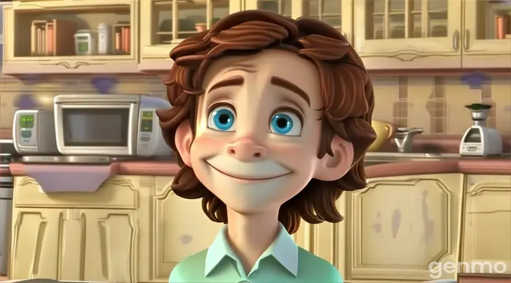 a cartoon character is standing in a kitchen and his hair is moving