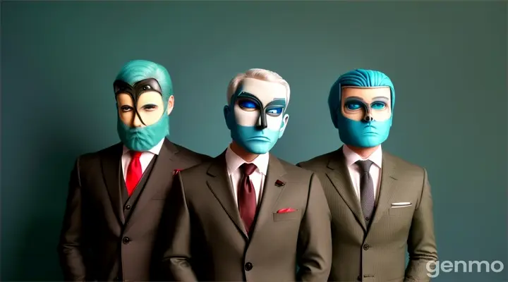 three men in suits with fake eyes on their heads