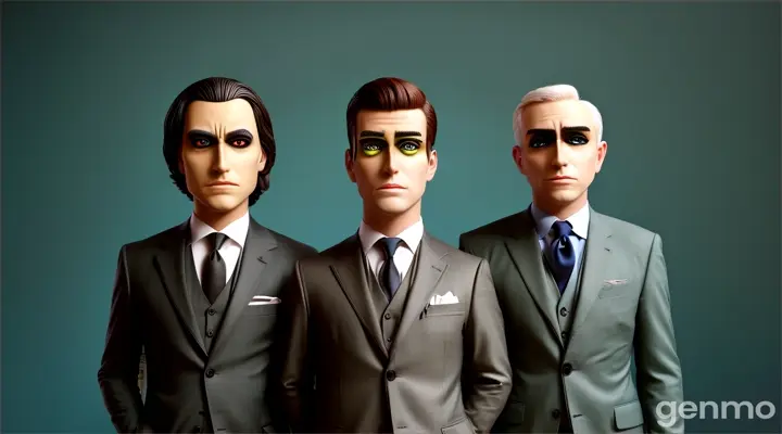 three men in suits with fake eyes on their heads