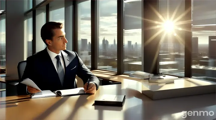 The sun begins to shine into the sleek, modern office. The billionaire, dressed in a sophisticated suit, sits at his desk. He starts his day with a meticulous routine, demonstrating the importance of habits that contribute to his success.