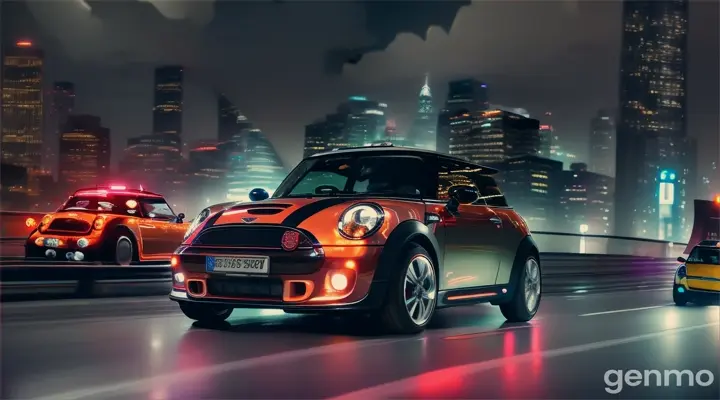 The Mini Cooper EV in a dynamic nighttime city shot with reflections, neon lights and lit-up skyscrapers