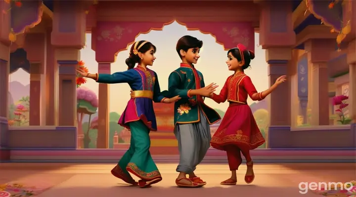 pixar maya disney style pakistani boy and girl dancing  wide screen vide frane.