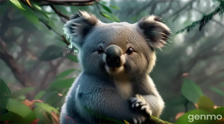 Animated koala in forest rain