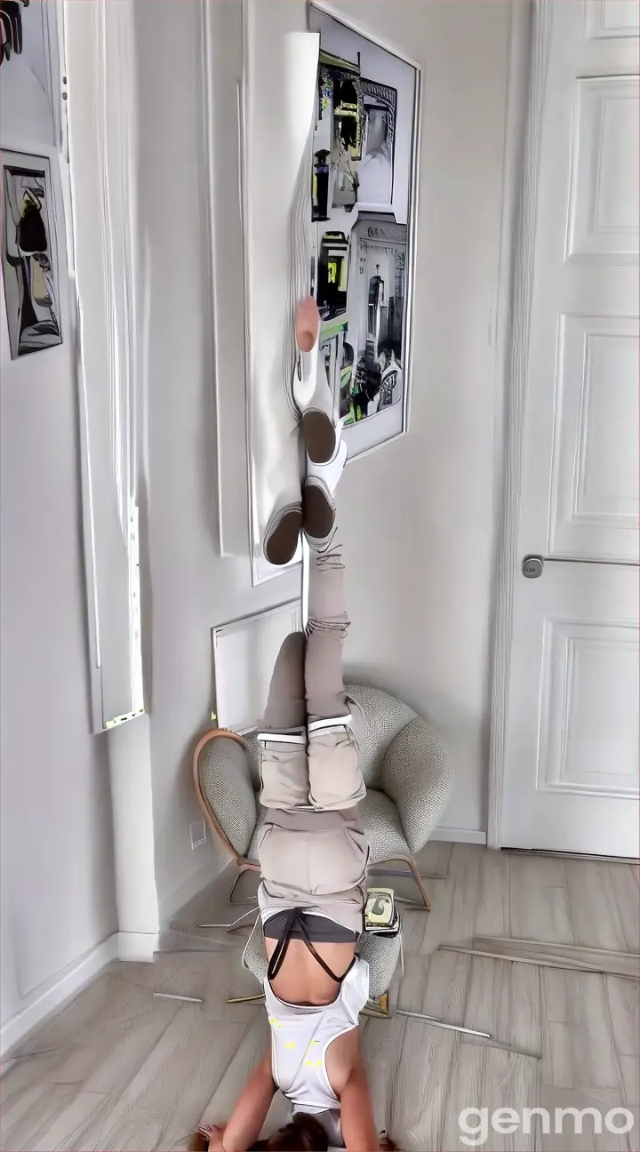 a woman doing a handstand in a room