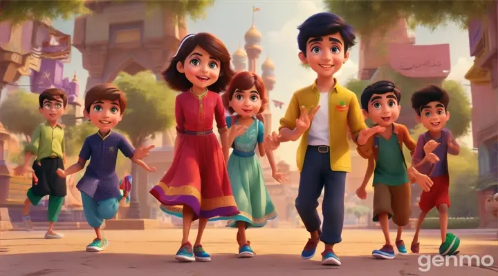 pixar maya disney style pakistani boys and girls  wide screen vide frane.