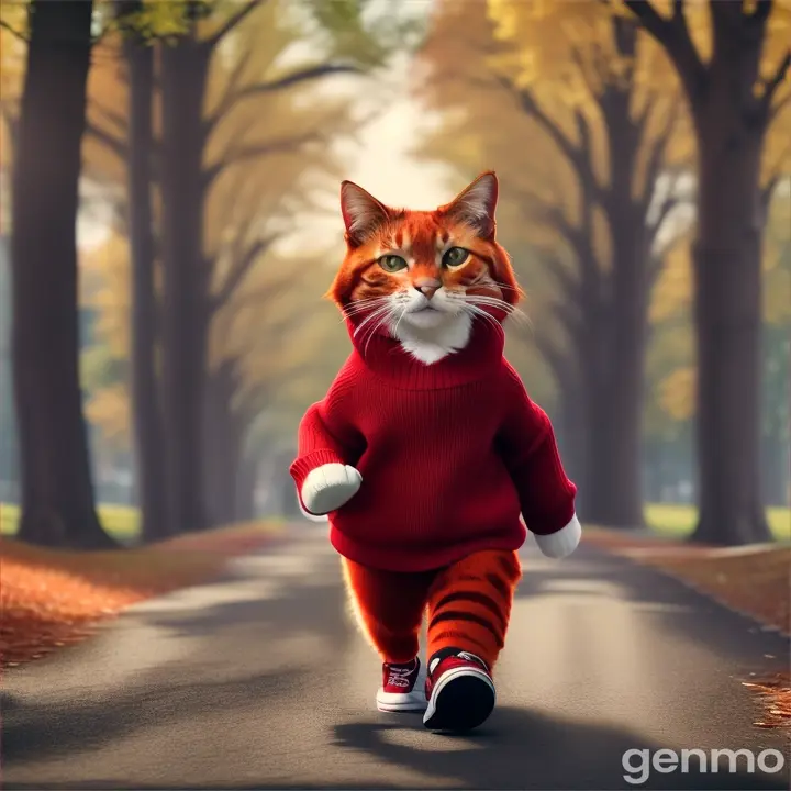 9*16. A red cat in a sweater and sneakers with a banner in hand strides down the road.