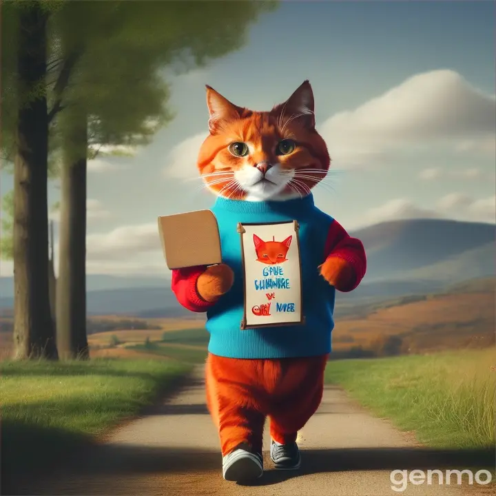 A red cat in a sweater and sneakers on his feet, banner in hand, strides on his hind legs down the road. The banner reads: “Give a laptop”.