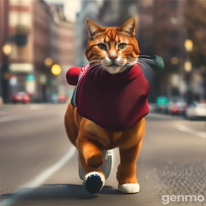 A red cat in a sweater and sneakers on his feet, banner in hand, strides on his hind legs down the road. 