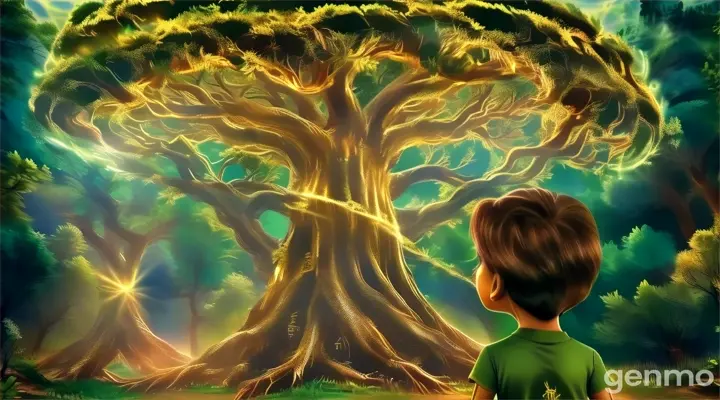 Raju discovers a strange, glowing tree deep in the forest with golden light surrounding it."

A large, mysterious tree with golden, magical light glowing around it, standing in the middle of a dense forest, with Raju looking up in awe.