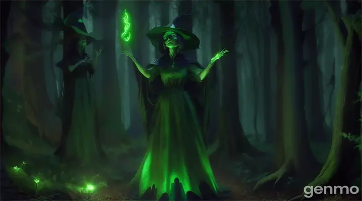 a horrible witch with green glowing eyes in a green dress and hat standing in a forest