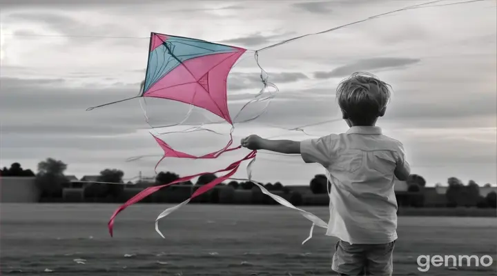 **Scene 2: Kite Getting Stuck in the Wind**
   - Suddenly, the wind gets stronger, and the kite gets tangled. The boy tries to pull it back, but it falls to the ground.
