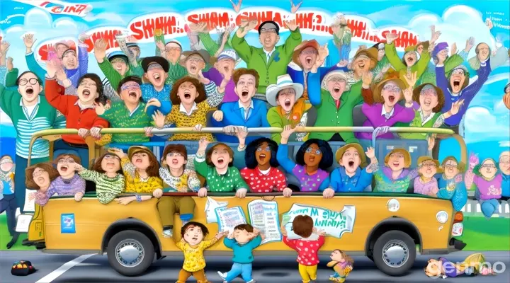 a group of people riding on the back of a school bus