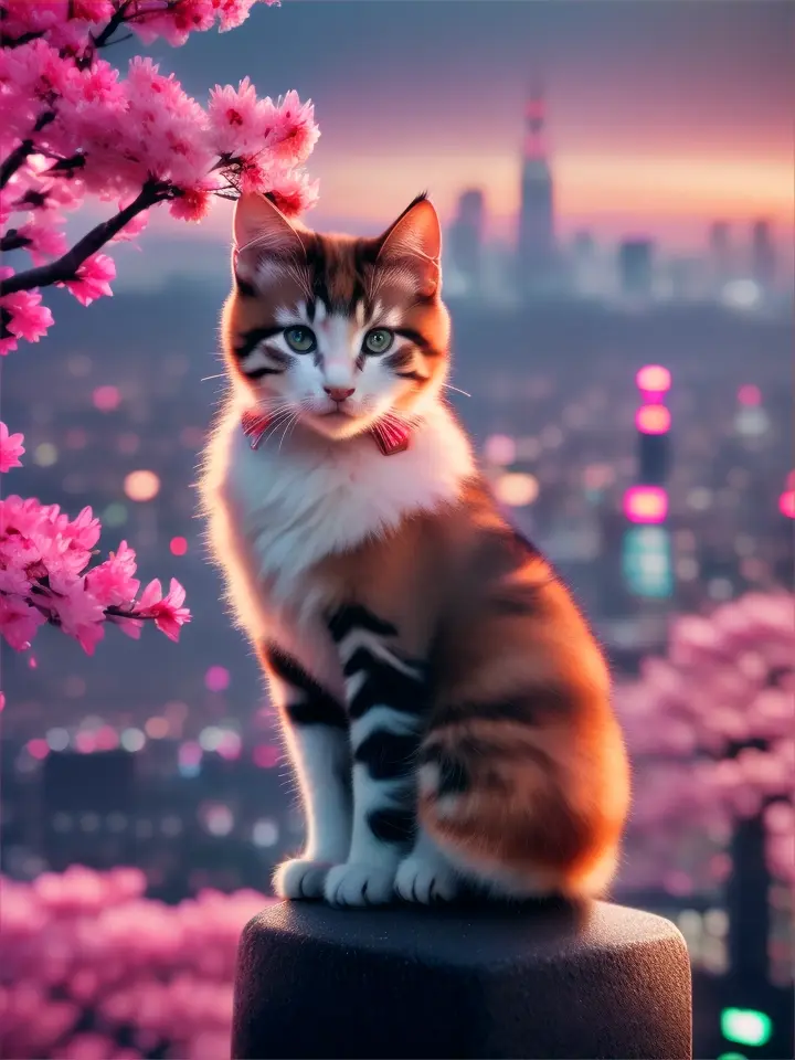 Samurai kitten perched on Okurayama tower, with a futuristic Tokyo cityscape in the background, including vibrant neon lights and cherry blossoms in the foreground