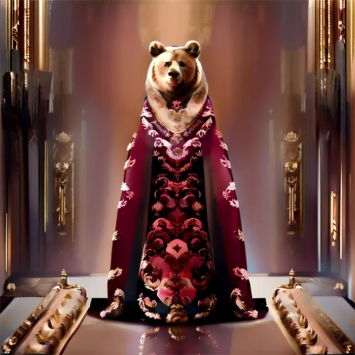 Create a high-fashion runway video featuring a majestic bear confidently walking down a red
carpet. The bear is draped in a richly detailed colorful, and ornate fabric that resembles a

traditional royal robe. The setting is a grand fashion show with a glamorous and
10.6K
sophisticated audience, complete with bright runway lights, a long catwalk, and

enthusiastic spectators clapping on either side. The atmosphere should be luxurious and
102
opulent, capturing the elegance of both the bear and the fashion event., advertising style