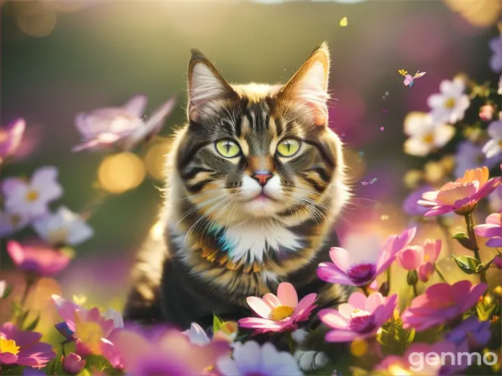 Beautiful cat, butterflies and flowers, sun