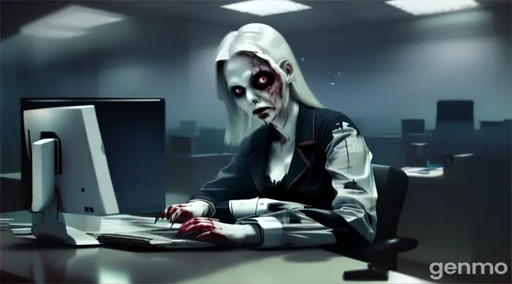 A zombie ghost in the shape of a woman is sitting in front of a computer in an office