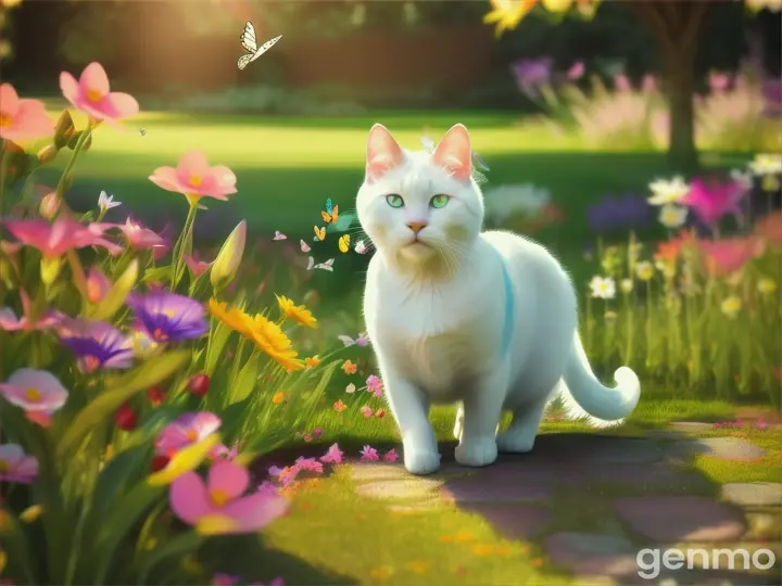 Beautiful white cat chasing butterfly in the garden under the sun.